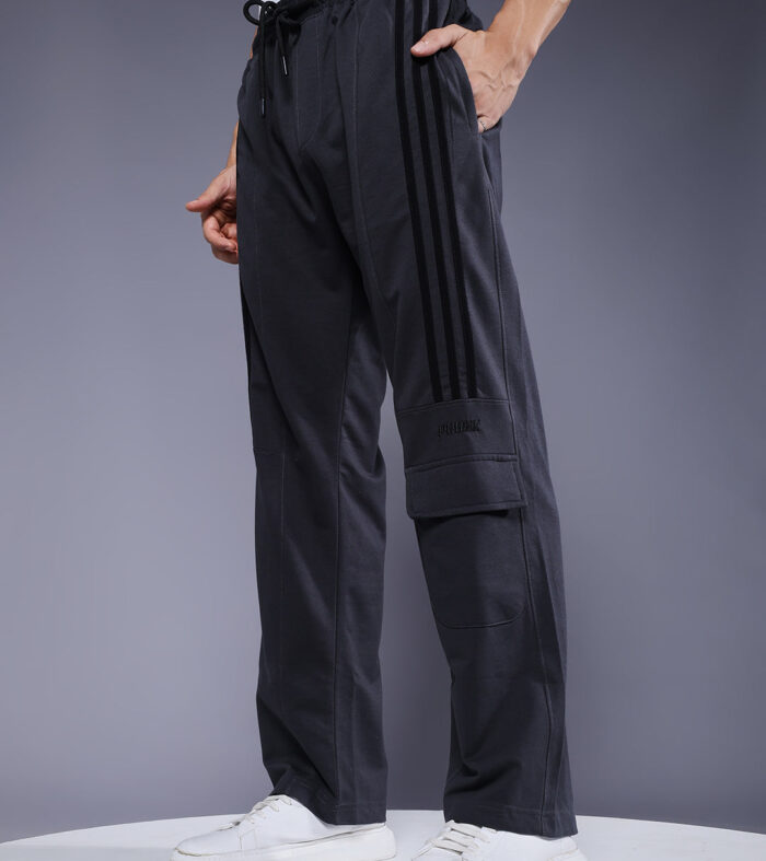 Men Premium Terry Cargo Pants with Side Stripes - Dark Grey