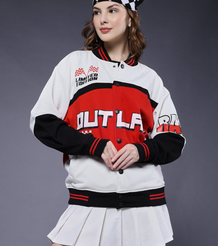 Women Graphic Printed Varsity Bomber Jacket