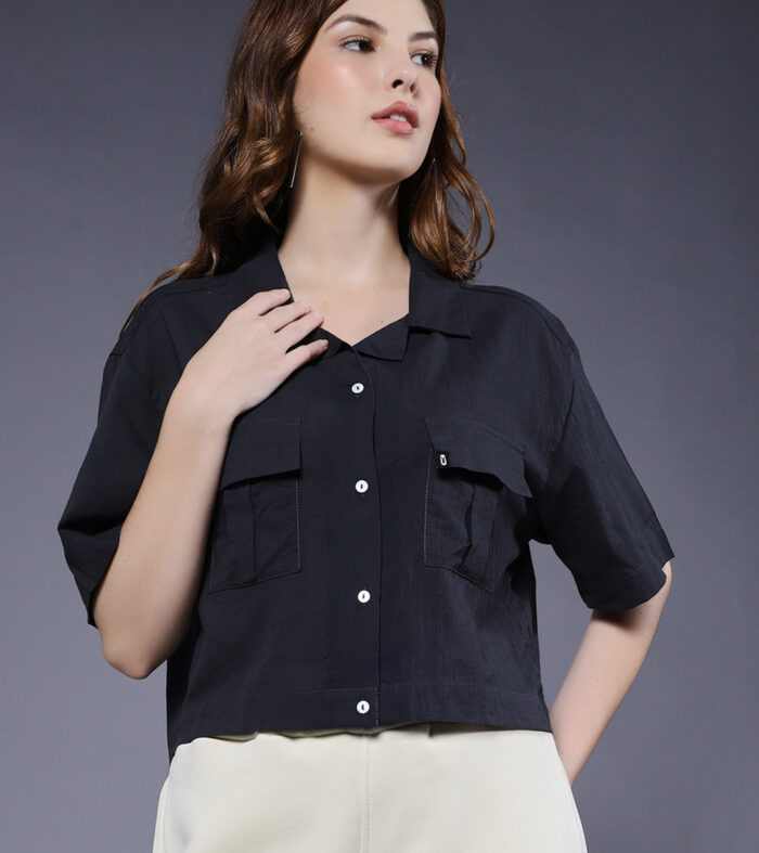 Women Solid Crop Shirt - Dark Grey