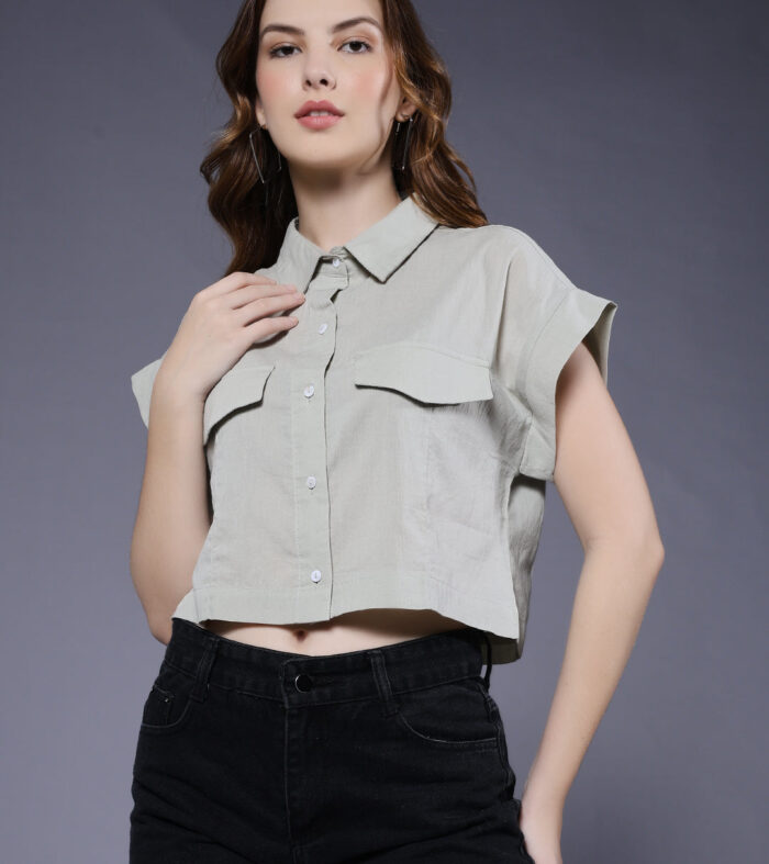 Women Solid Crop Shirt - Mint Green