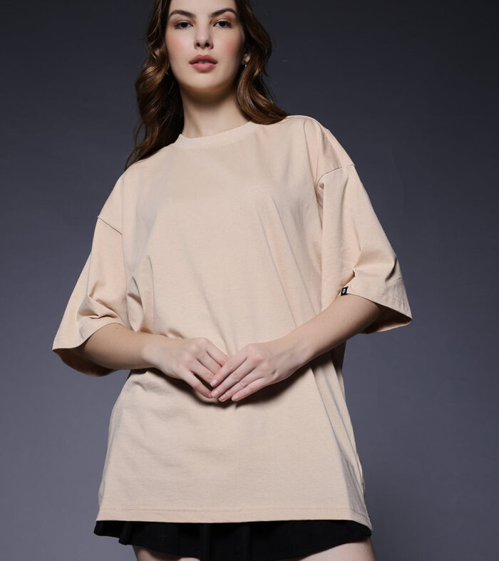 Solid Women Oversized T-Shirt - Beige