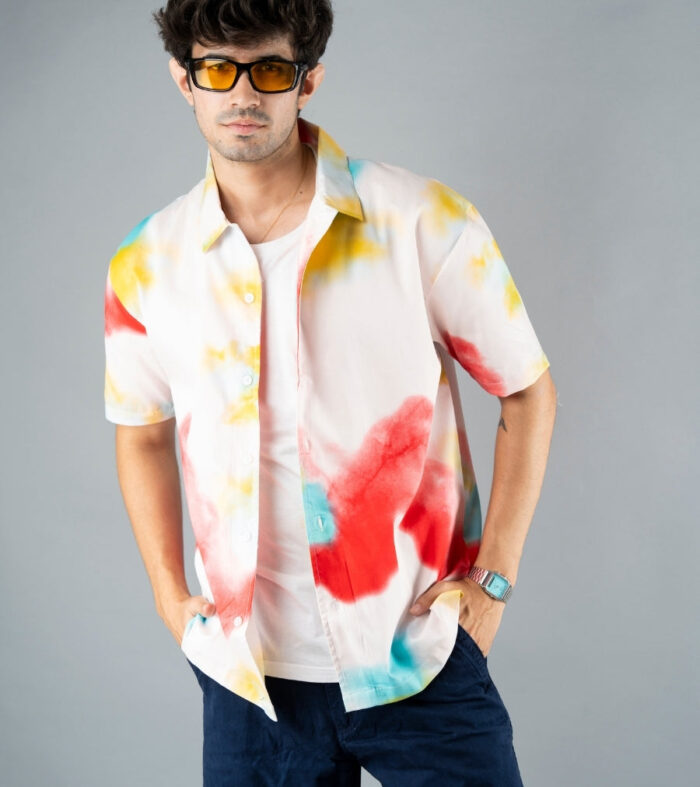 Mens Cuban Collar Printed Casual Shirt