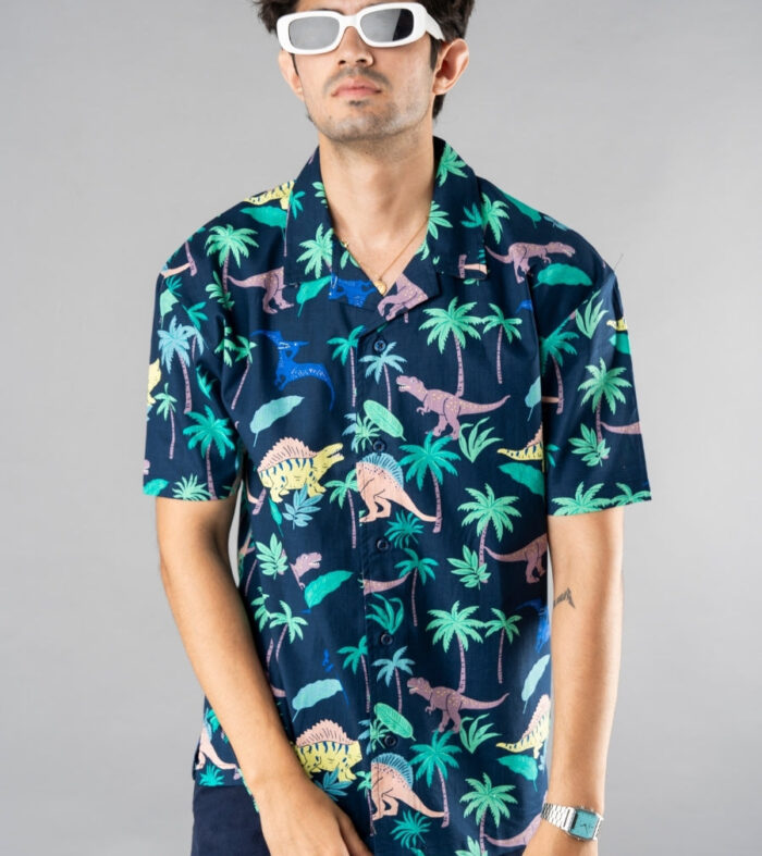 Mens Cuban Collar Printed Casual Shirt