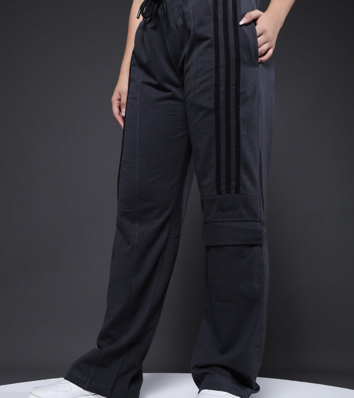 Women Premium Terry Cargo Pants with Side Stripes - Dark Grey