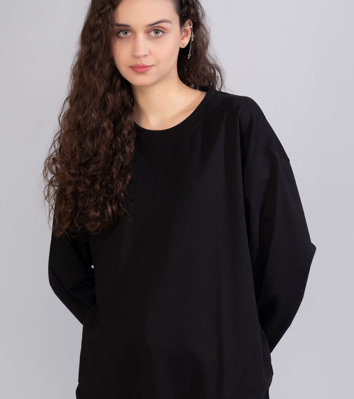 Solid Black Women Drop Shoulder Sweatshirt | Pronk