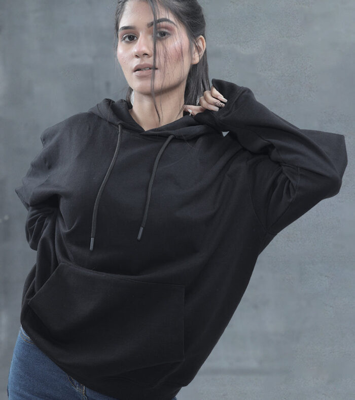 Solid Black Women Drop Shoulder Premium Terry Hoodie | Pronk