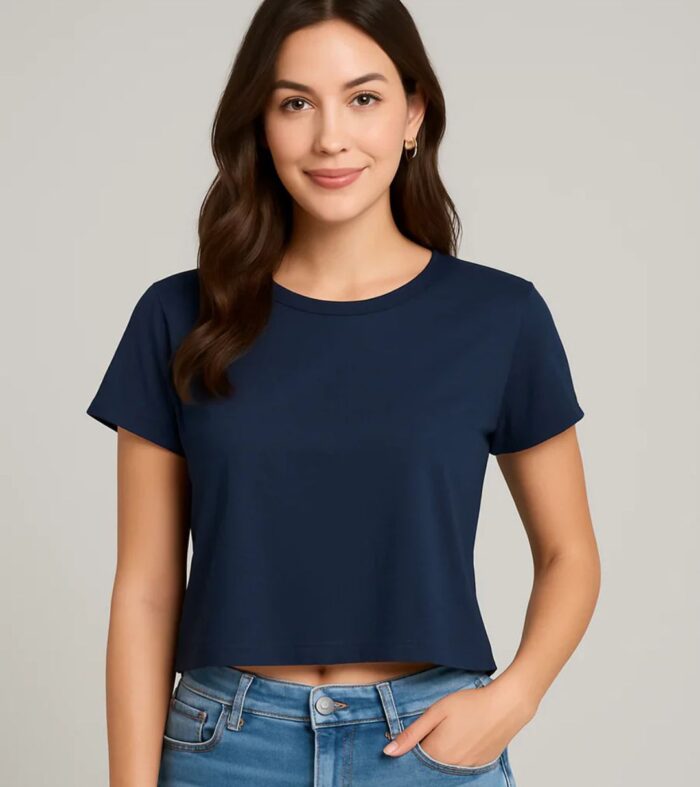 Solid Women Half Sleeve Crop Top - Classic Navy