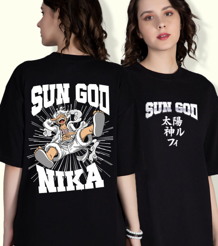 Sun God Printed Black Oversized T-shirt For Womens | Pronk