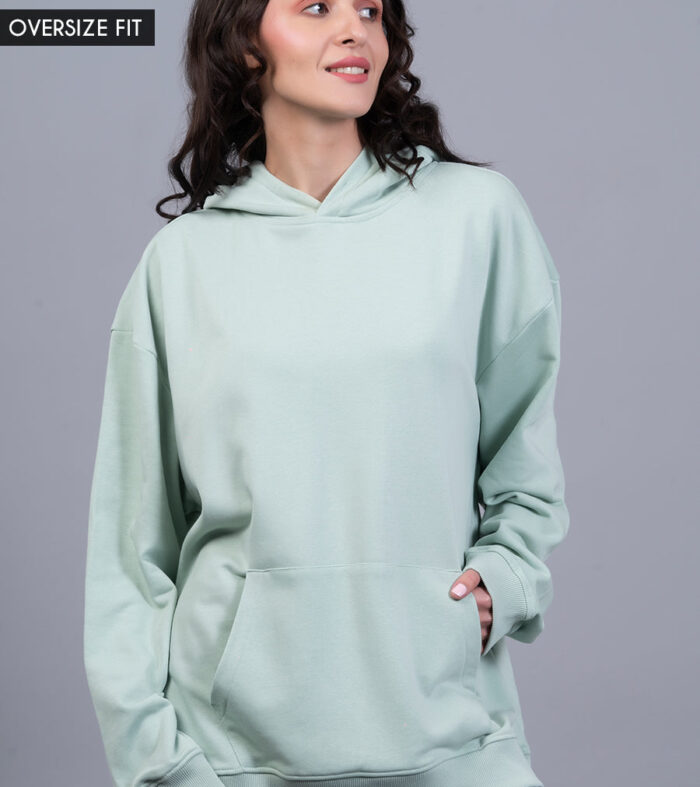 Solid Mint Green Women Drop Shoulder Terry Hoodie | Pronk