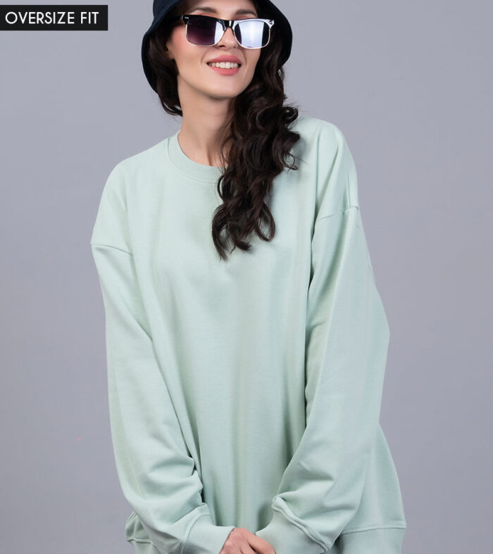 Solid Mint Green Women Drop Shoulder Terry Sweatshirt | Pronk