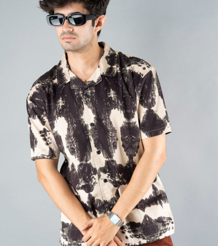 Mens Cuban Collar Printed Casual Shirt