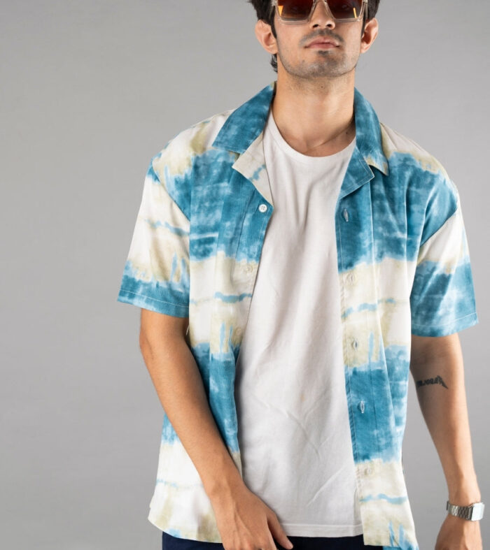 Mens Cuban Collar Printed Casual Shirt