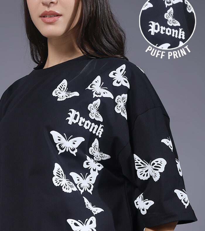 Butterfly Puff Printed Women Oversized T-shirt