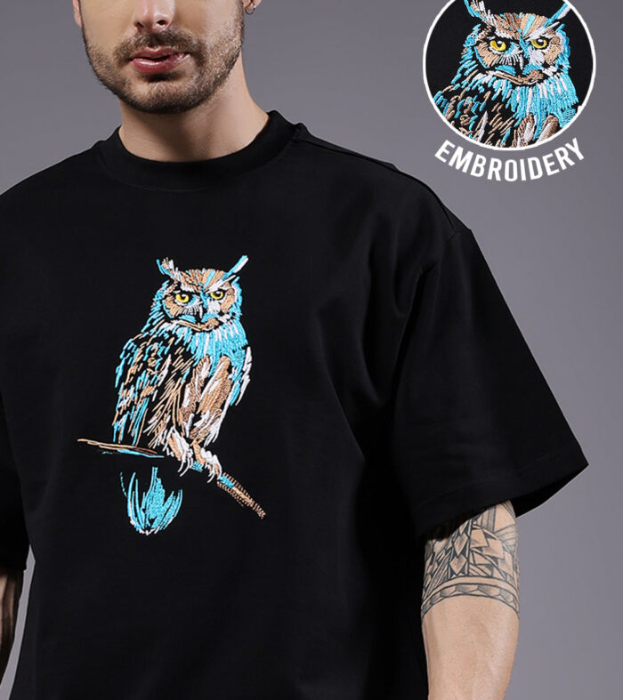 Owl Embroidered Men Premium Oversized Terry T-shirt