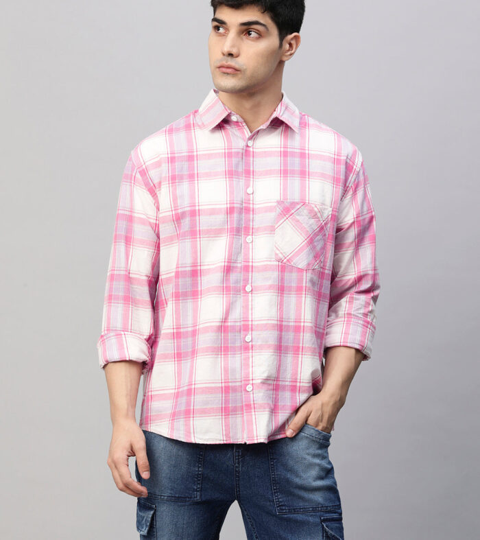 Mens Pink and White Check Relaxed Fit Shirt