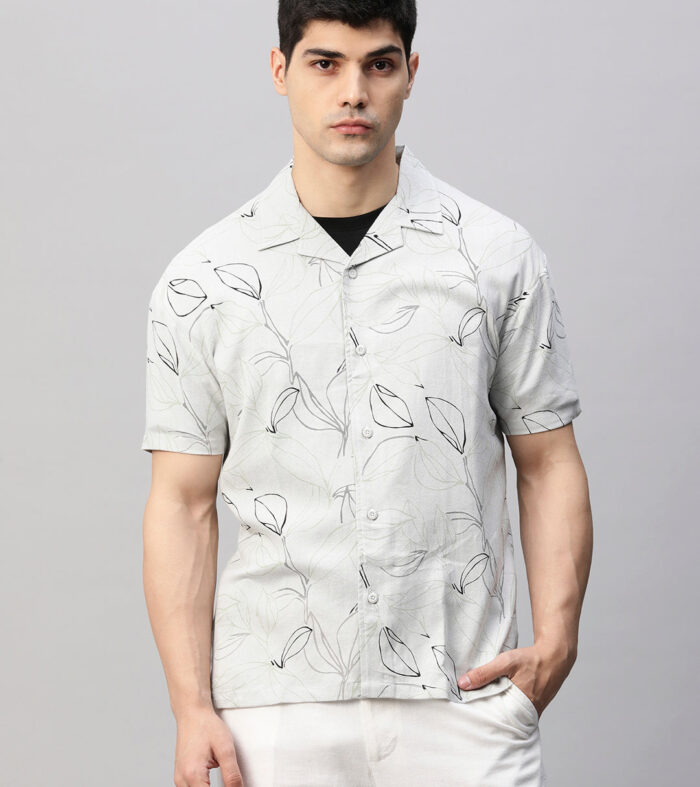 Mens Cuban Collar Printed Casual Shirt