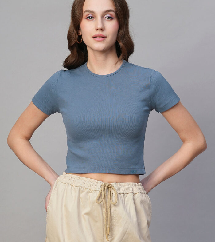 Pronk Ribbed Half Sleeve Crop Top - Denim Blue