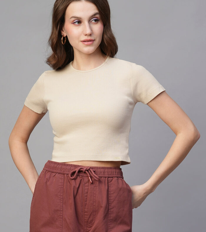 Pronk Ribbed Half Sleeve Crop Top - Off White