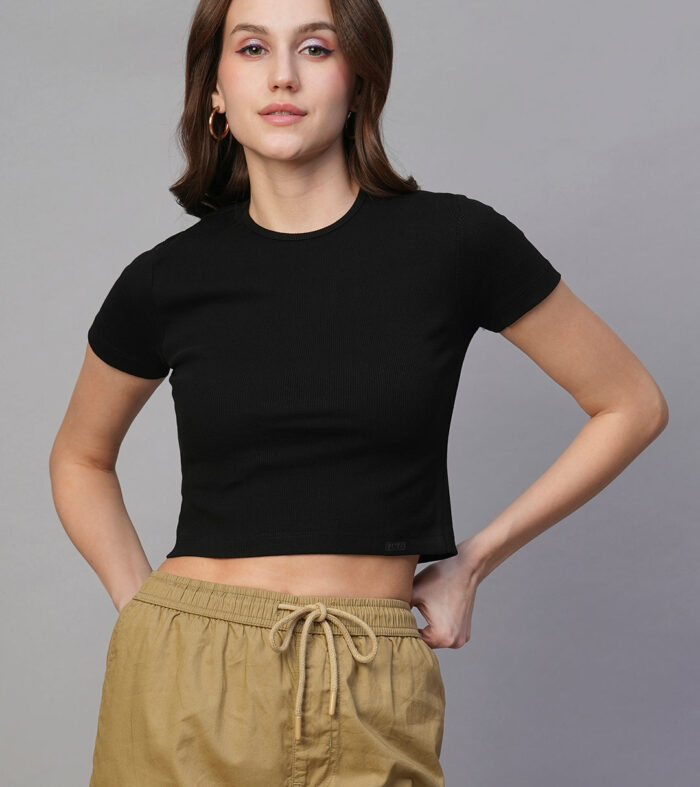 Pronk Ribbed Half Sleeve Crop Top - Black