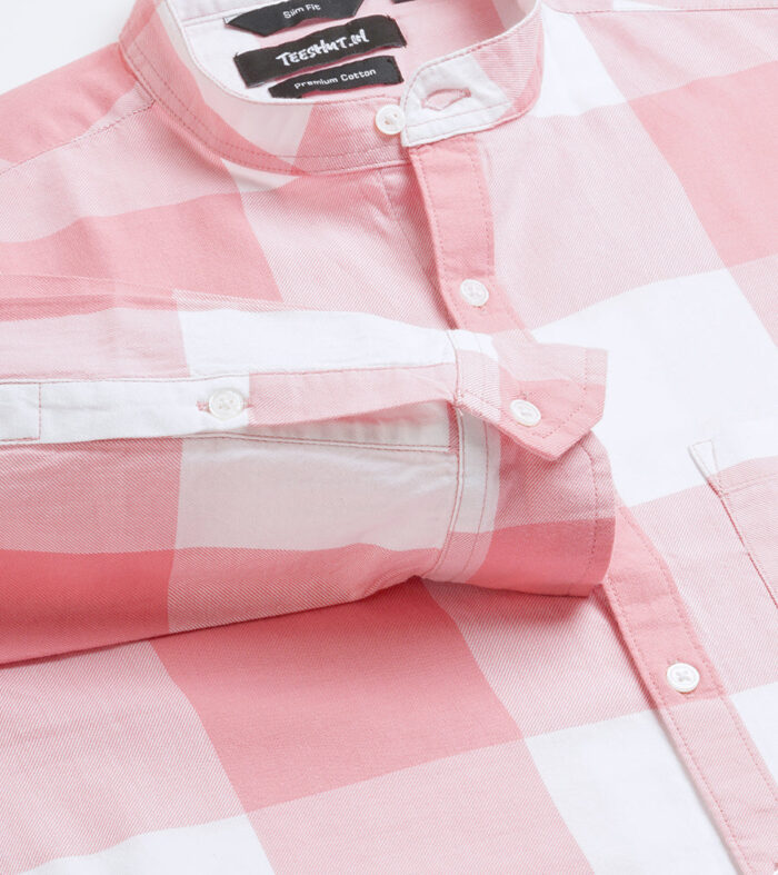Pink Check Mandarin Collar Mens Full Sleeve Shirt