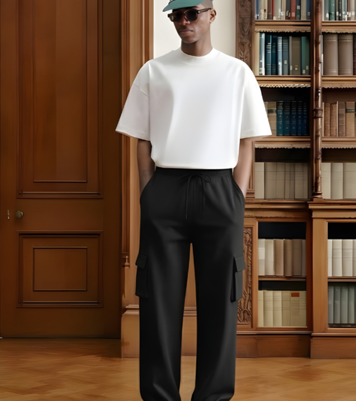 Men Premium Terry Cargo Pants - Black