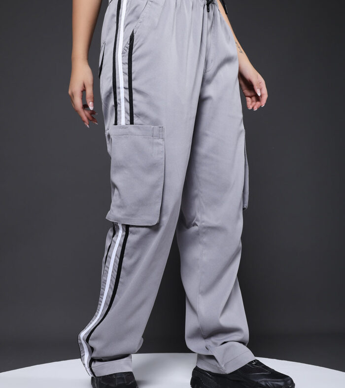 Women Striped Cargo Joggers - Ash Grey