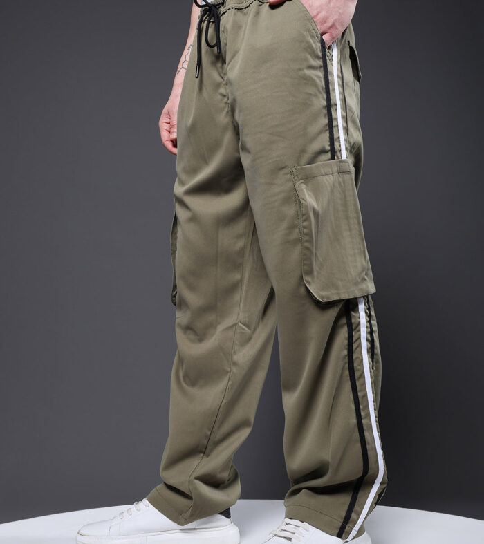 Men Striped Cargo Joggers - Olive Green
