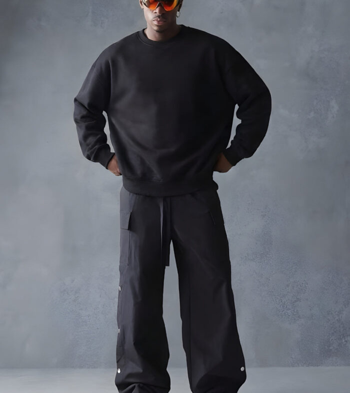 Solid Black Men Drop Shoulder Premium Terry Sweatshirt