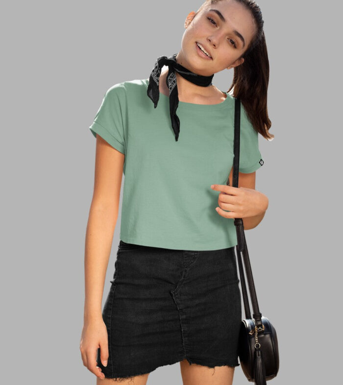 Solid Women Half Sleeve Crop Top - Mint Green